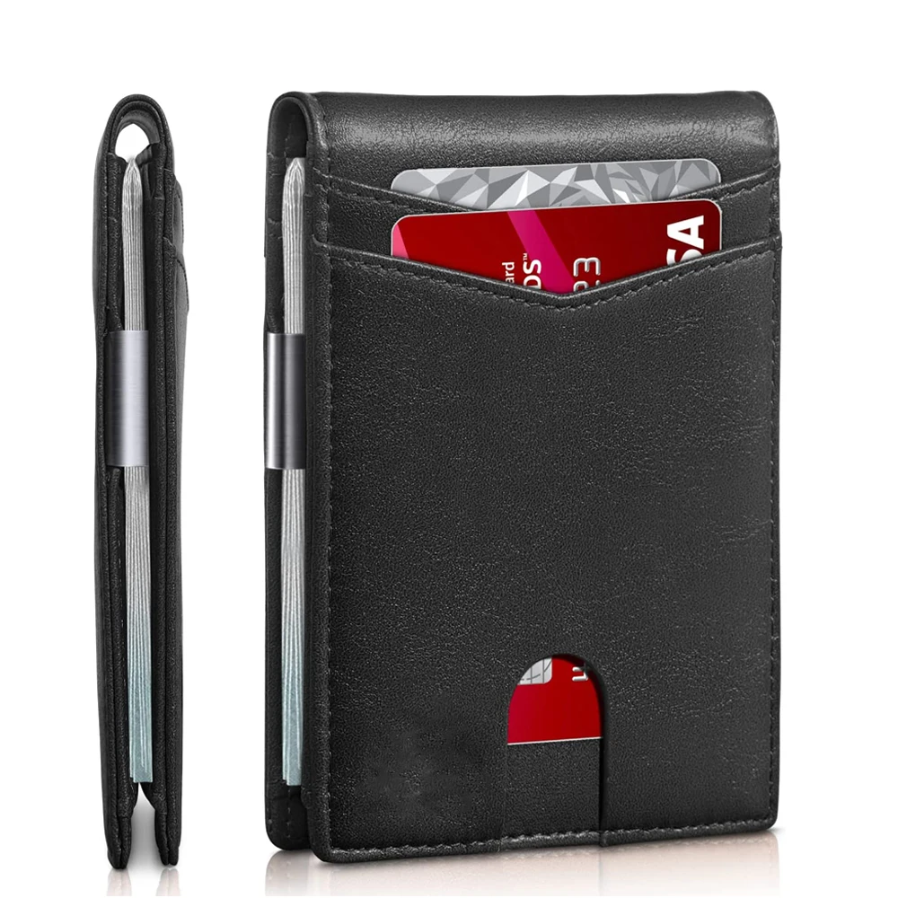 High Quality Slim Minimalist Genuine Leather RFID Blocking Bifold Credit Card Holder Money Clip Wallet For Men