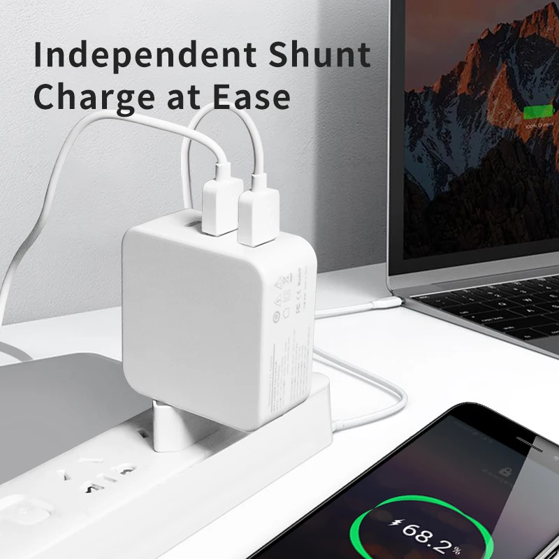 USB C Wall Charger 65W Fast Portable 3 Port Charger USB-C QC PD 3.0 Power Adapter Type C Charger
