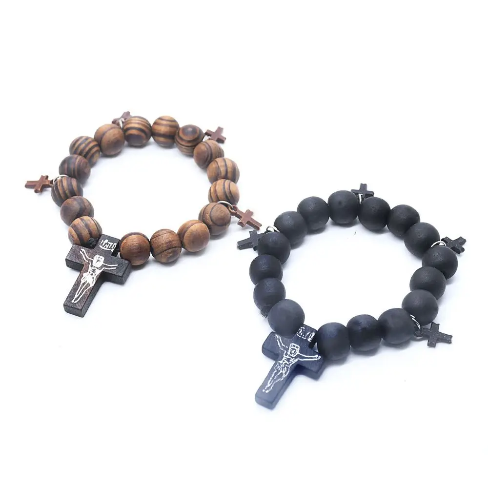 10mm Wholesale Retro Cross Rosary Bracelet Wood Beads Catholic Rosaries Christian Prayer Beads