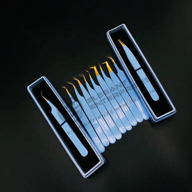 Wholesale Light Blue with Golden Tips Diamond Grip Sustainable Eyelash Extension Tweezers Japanese Stainless Steel Custom Logo
