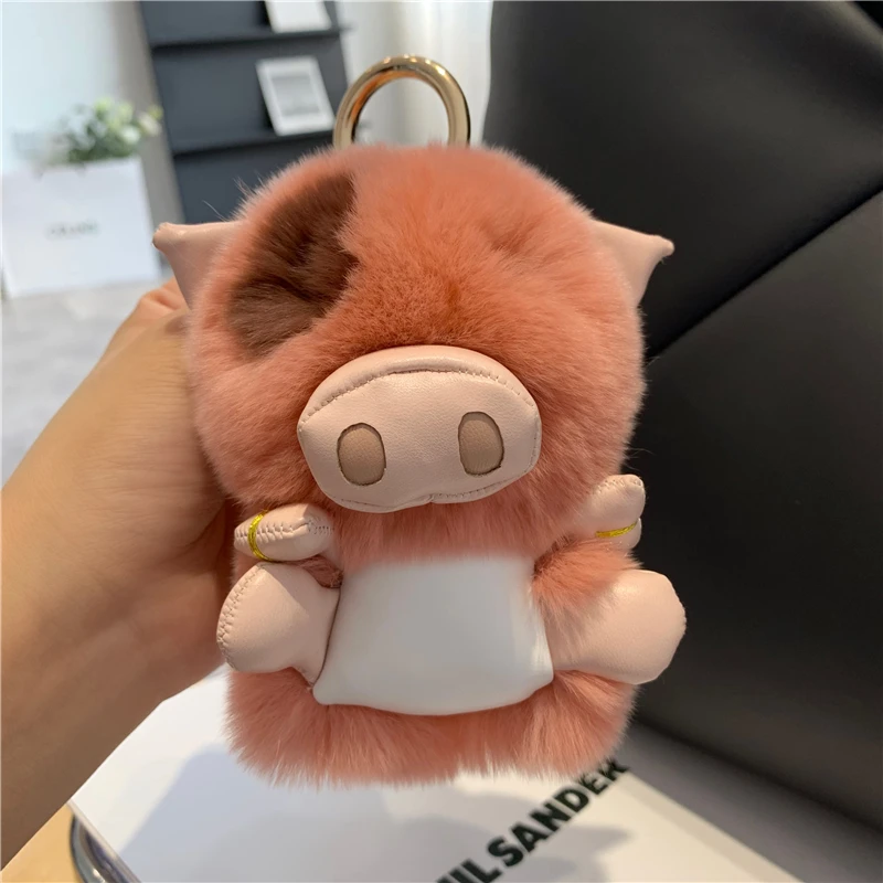 Real Rex Rabbit Fur Pig Car Pendant Plush Toy Cute Pig Bag Pendant Plush Keychain
