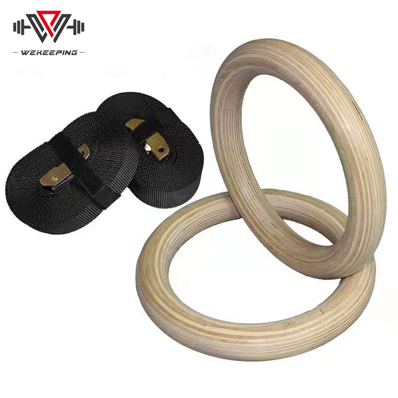 
Wholesale fitness equipment Hot Sale Body Workout adjustable Nylon straps with wooden gymnastic rings 