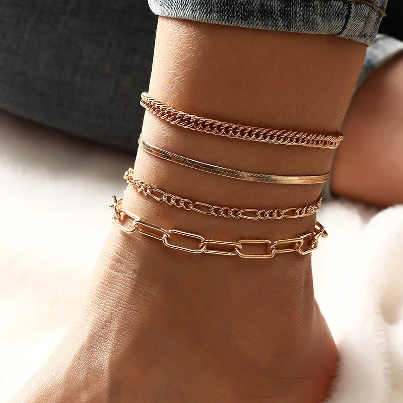  4 Foot Chain Link Fence Alloy Snake 3:1 Figaro Gold Anklet Set