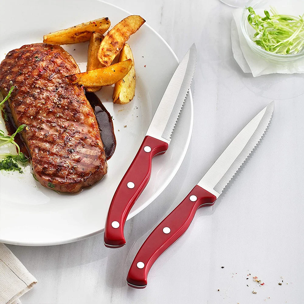 Premium High Quality Luxury Full Tang Serrated Stainless Steel Dishwasher Safe Dinner Knives Plastic Handle Steak Knife Set of 8