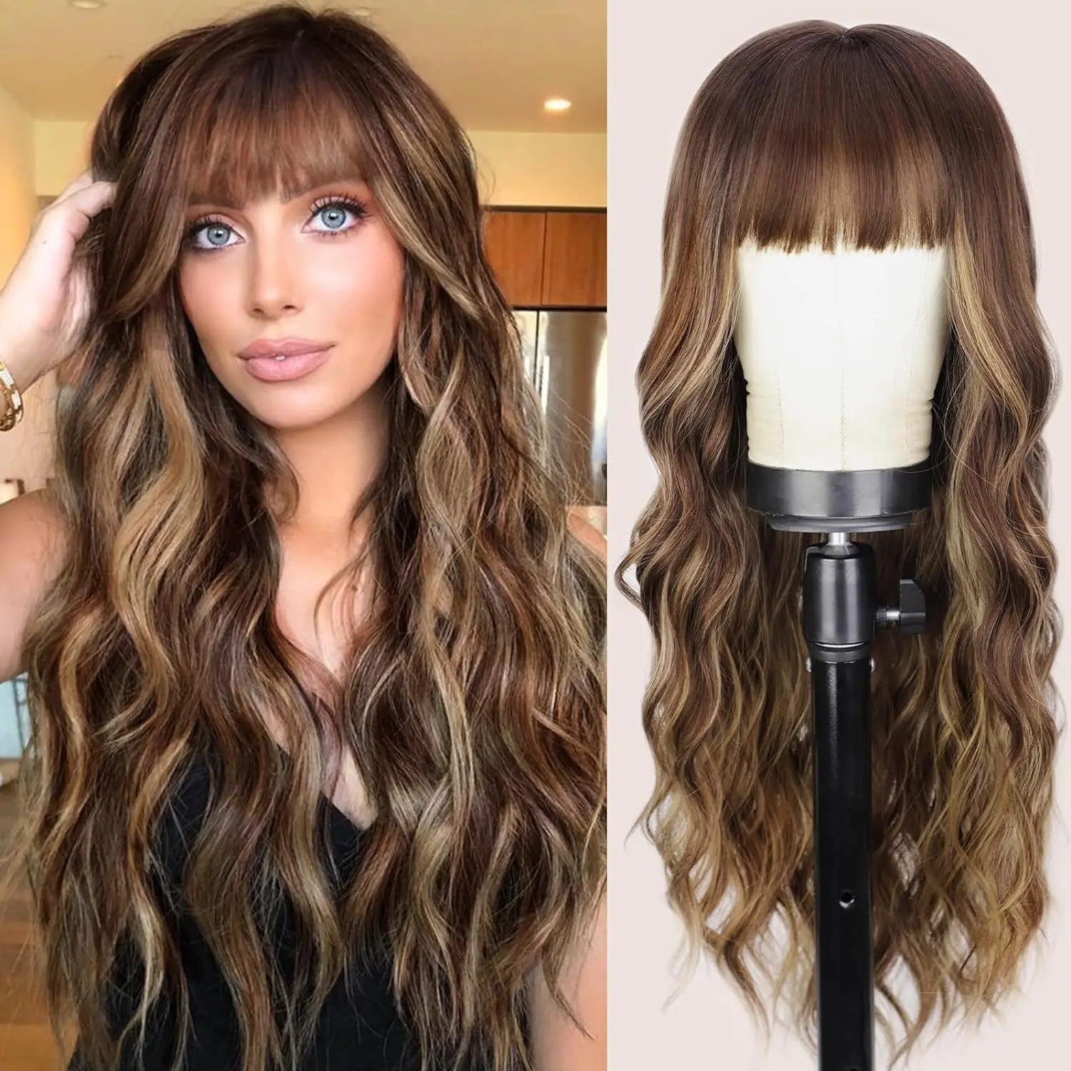 Wholesale Honey Blonde Wig with Bangs Long Brown Wigs for Women Layered Heat Resistant Cheap Curly piano synthetic Bangs Wig