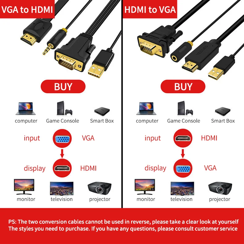 Veggieg Hot Selling Gold-Plated Connector For VGA To HDMI Male To Male Cable With Audio And Power Cable 1.5M 2M 3M