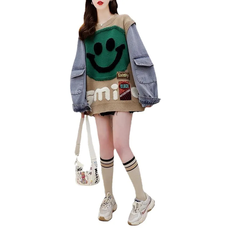 Autumn Winter Female Pullover Jumper New Design Sense of Denim Splicing Net Red Hundred Loose False Two Piece Knit Sweater Tops