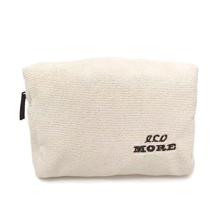 Eco friendly white RPET terry cloth makeup bags sustainable towel cosmetic pouch for women