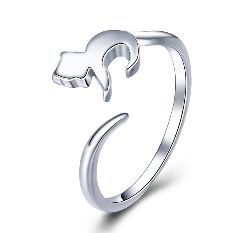 925 Sterling Silver Jewelry Animal Naughty Cat Open Ring For Women