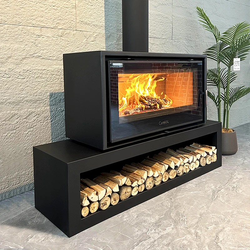 Indoor Hot Sale Hotel Rotating Black Wood Burning Fireplace Steel Free Standing Log Cabin Burn Stove