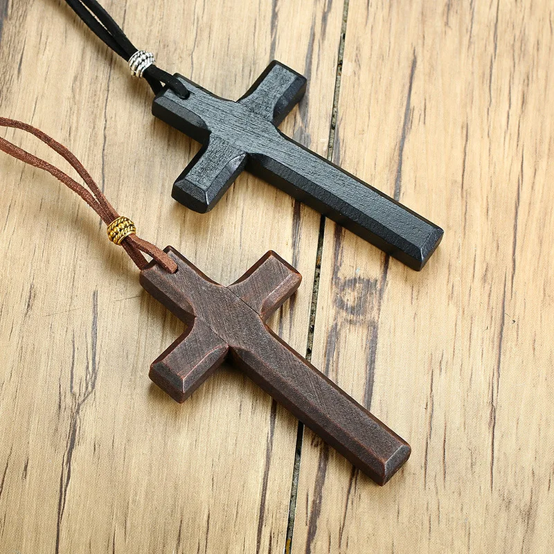 Wholesale Couple Long Cross Pendant Sweater Chain Minimalist Hand Carved Brown Black Wooden Cross Charm Necklace for Women Men