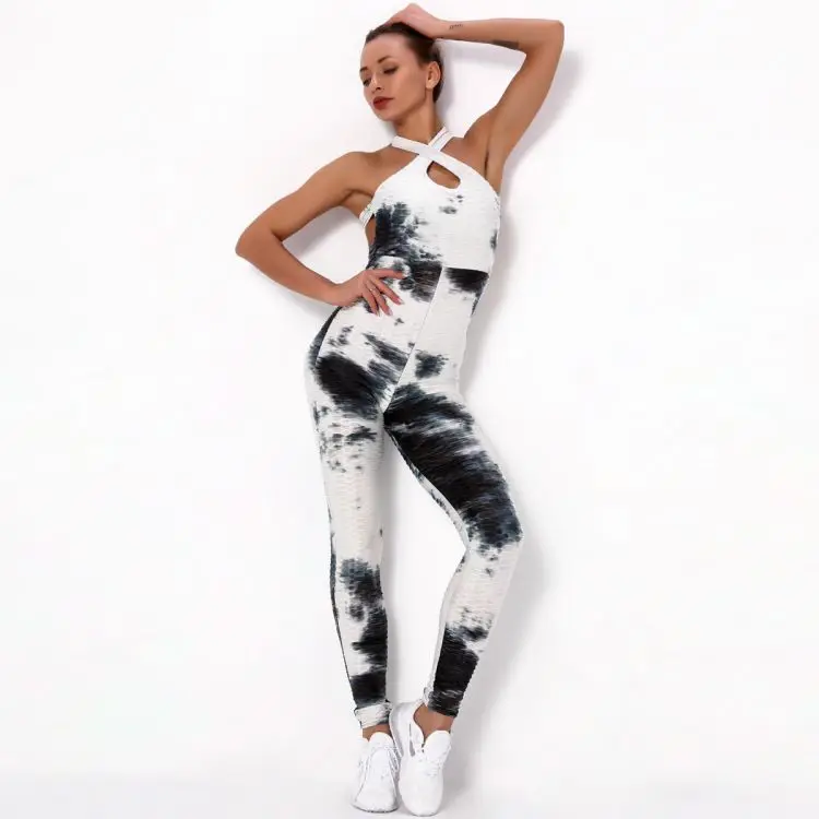 Trendy Cross Strap Tie Dye Beauty Back Yoga Suit Female Sports Bubble Tie-Dye Print Legging Multi Color Hollow Jumpsuit Autumn