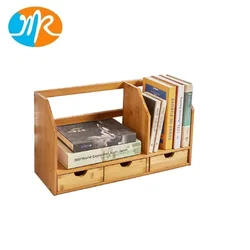 Desk Organizer with 3 Drawers Bamboo Wood Desktop Bookshelf Office Supplies Display Shelves