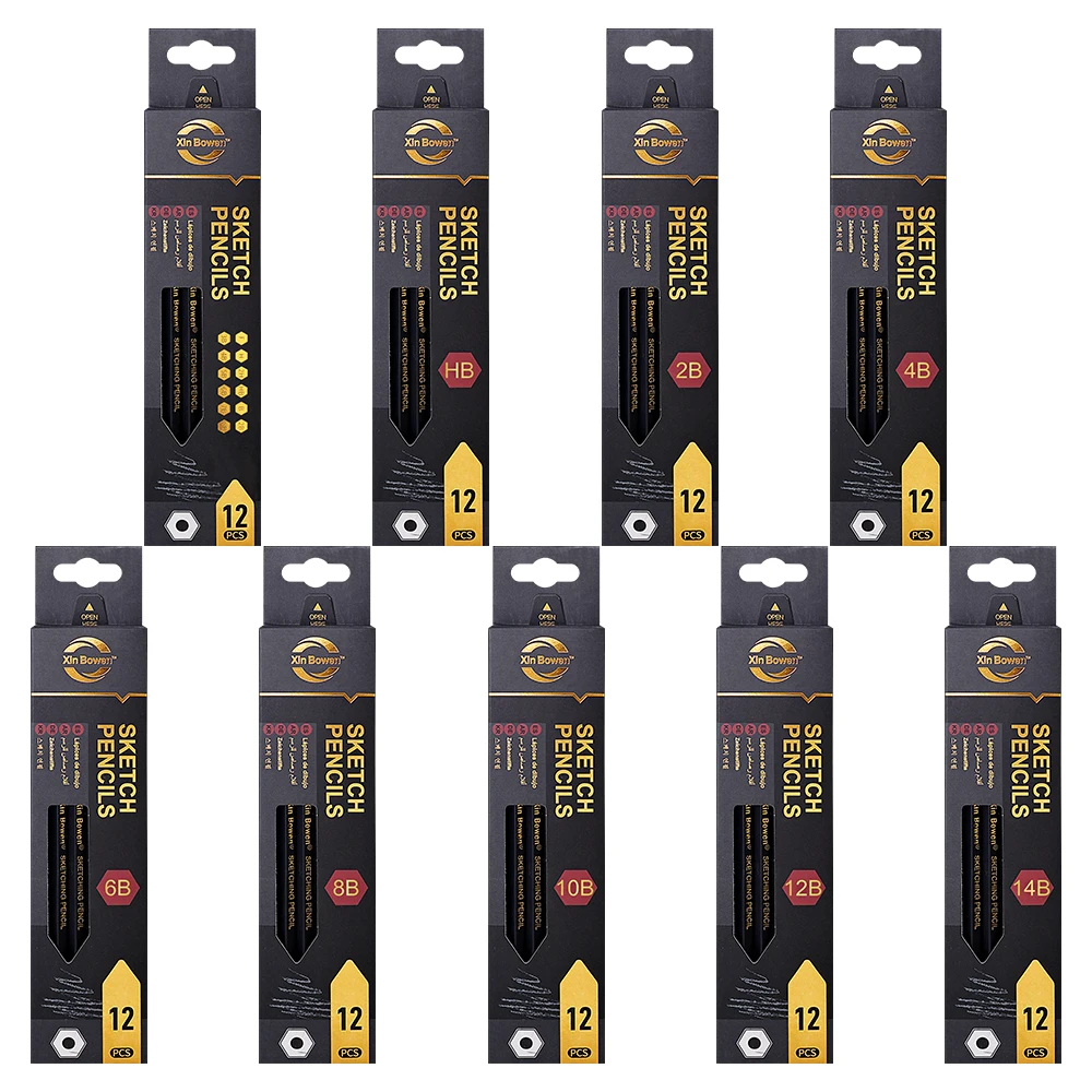 Xin Bowen Professional Black 12Pcs Sketch Pencil Set HB/2B/4B/6B/8B/10B/12B/14B /Assorted Types Art Graphite Drawing Pencil