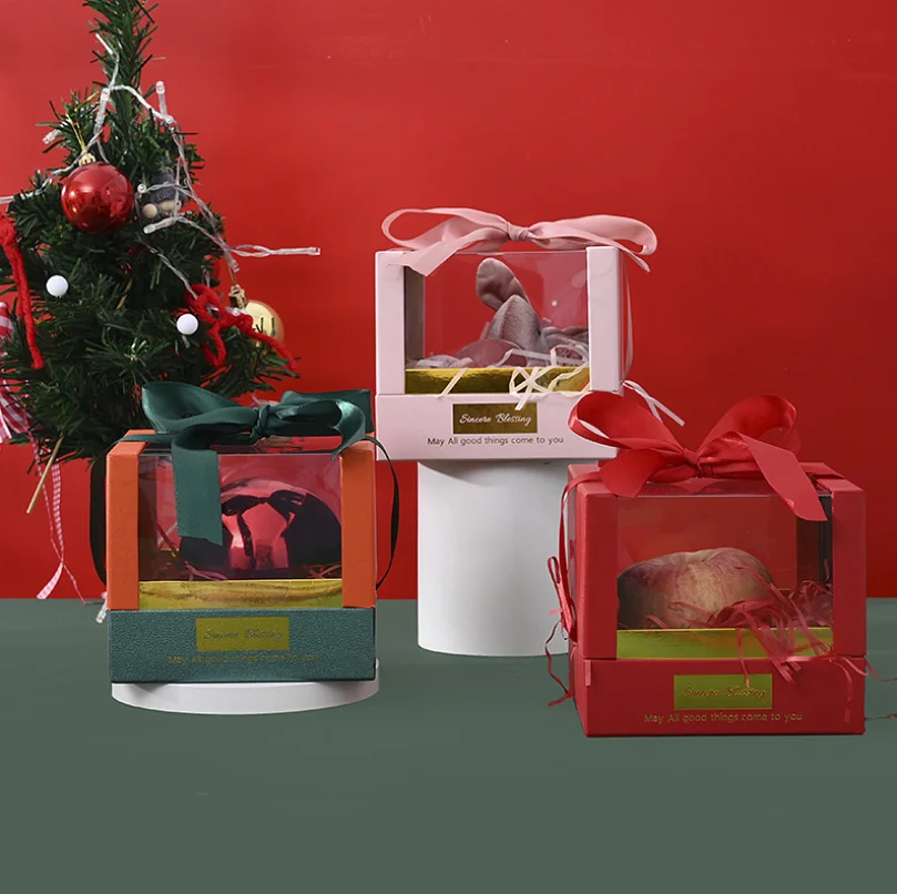 custom cardboard paper apple candy box clear window christmas eve gifts packaging box with ribbon