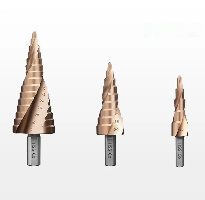 3PC Hss Taper Shank Full Ground Titanium Coated Spiral Grooved Drill Bits with Step Drill Bit Set