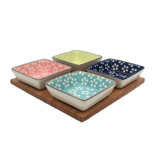 Square ceramic small plate snack sauce serving dishes set with tray