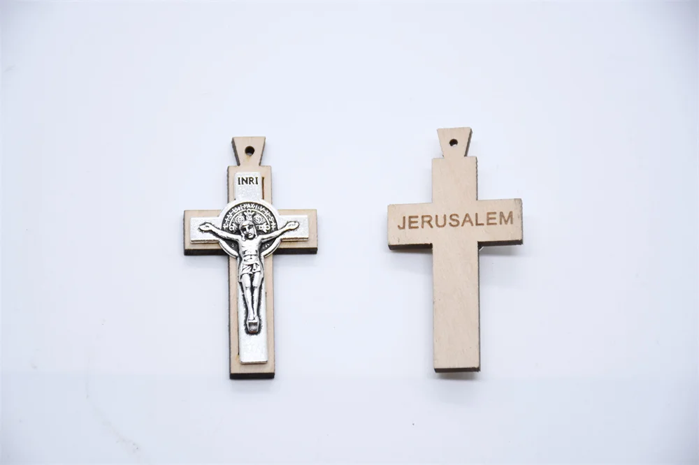 Religious Wooden Cross Charm Jerusalem St Benedict Alloy  Jesus Crucifix Pendant