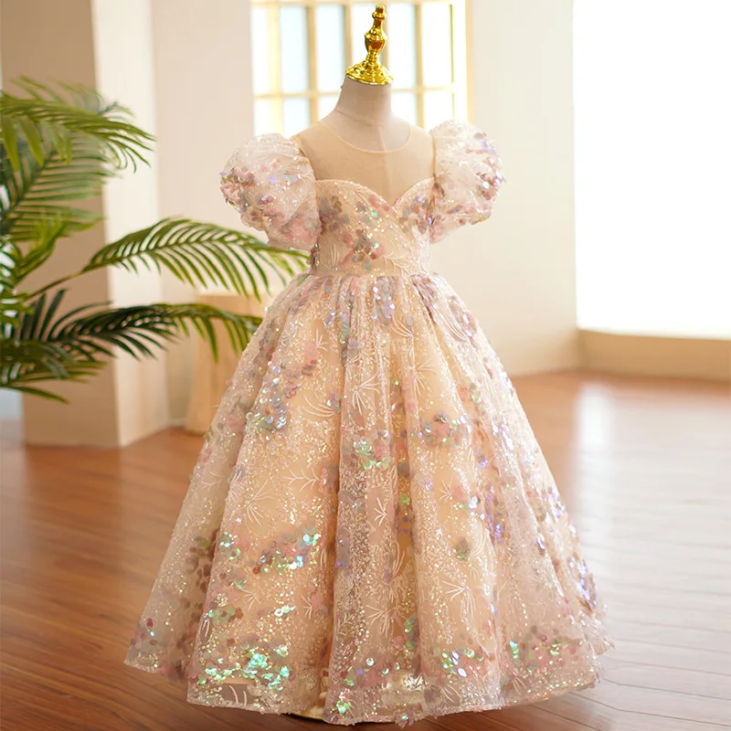 Summer Sequined Flower Girls Princess Puff Sleeve Maxi Evening Dresses Kids Performance Party Wedding Ball Gowns