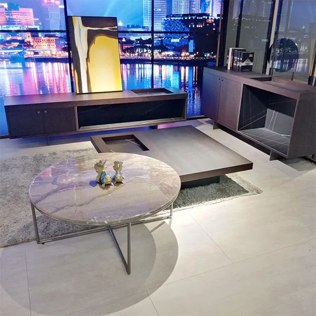 Premium living room furniture: round cozy small coffee table creates a comfortable interior