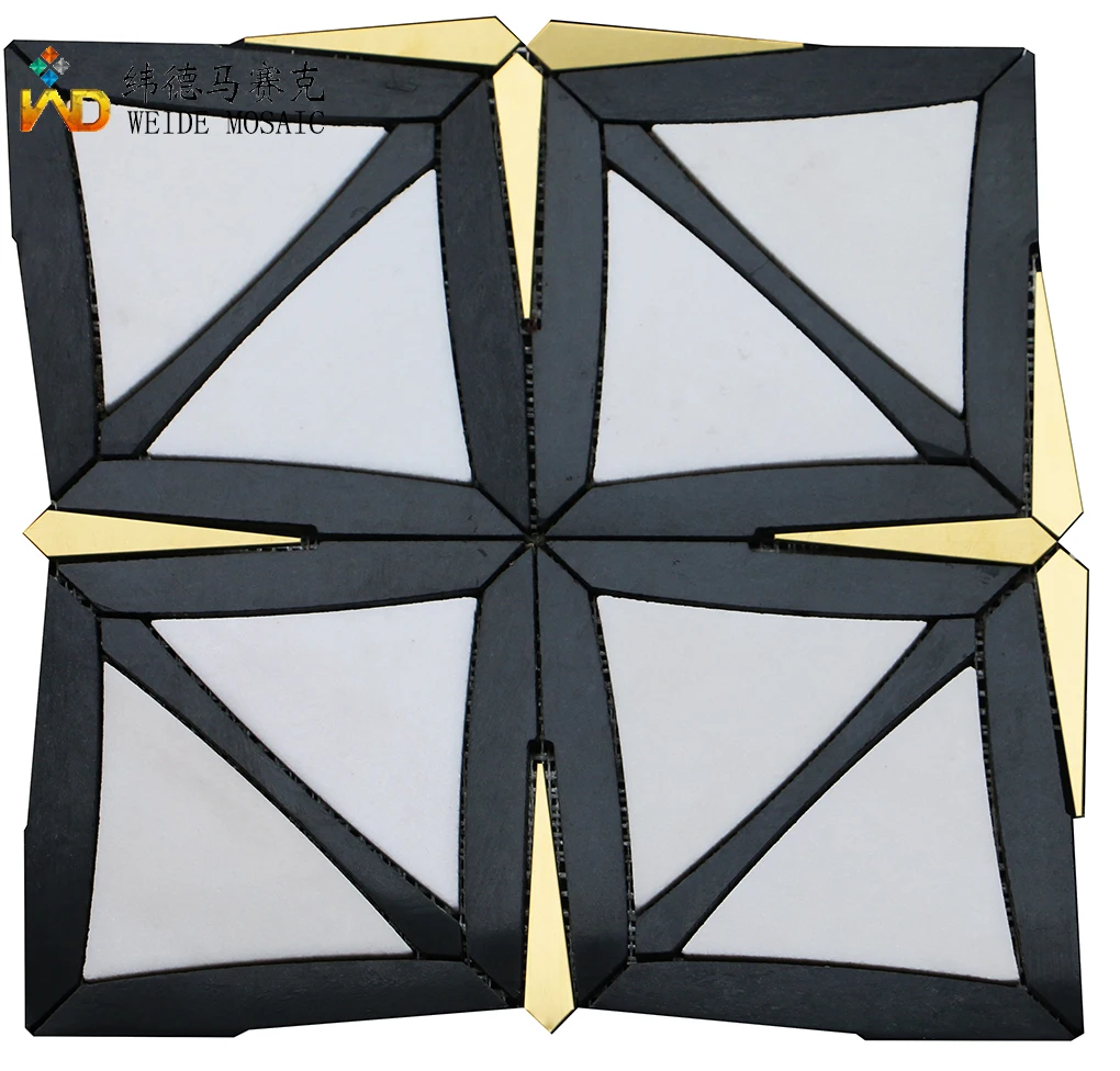 New design waterjet marble mosaic inlay gold metal & brass wall tile Mixed Brass White  Black Blend Water Jet Marble Mosaic Tile