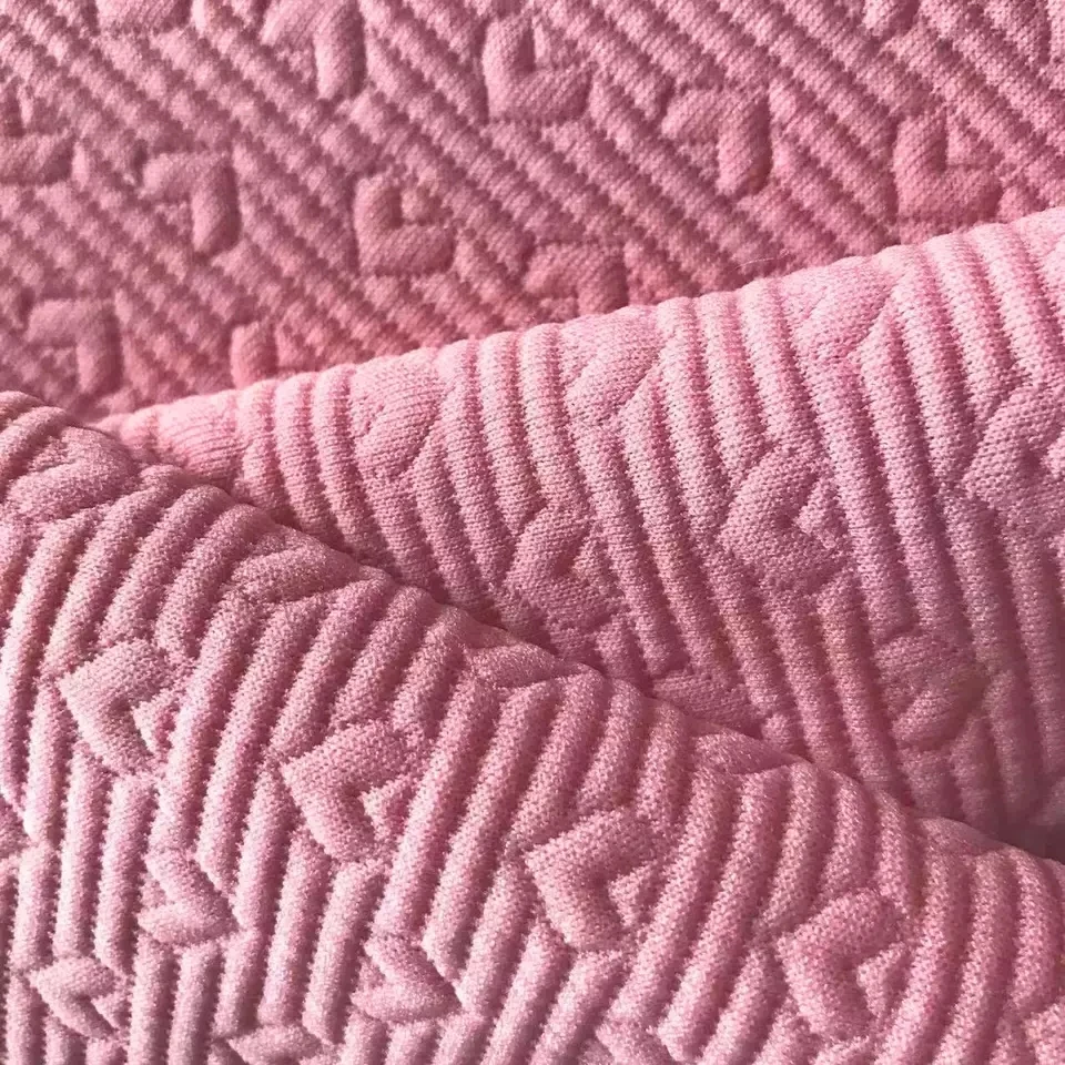 Custom Pink Unique Textile Heart Patterns Solid Color Recycled Polyester Knit Jacquard Quilted Fabrics For Kids Cloth