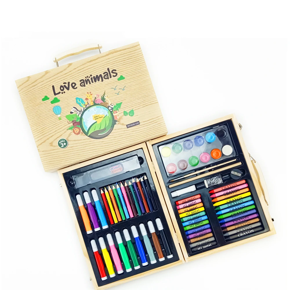 2021 Great Gift Wooden box 70pcs school supplies Stationery art Set for children