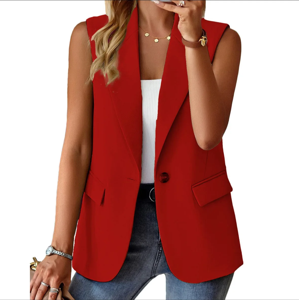 Women Fashion Waistcoat High Quality Single Button V-neck Top Sleeveless Solid Jacket Top Female Cardigan Blazer Coat