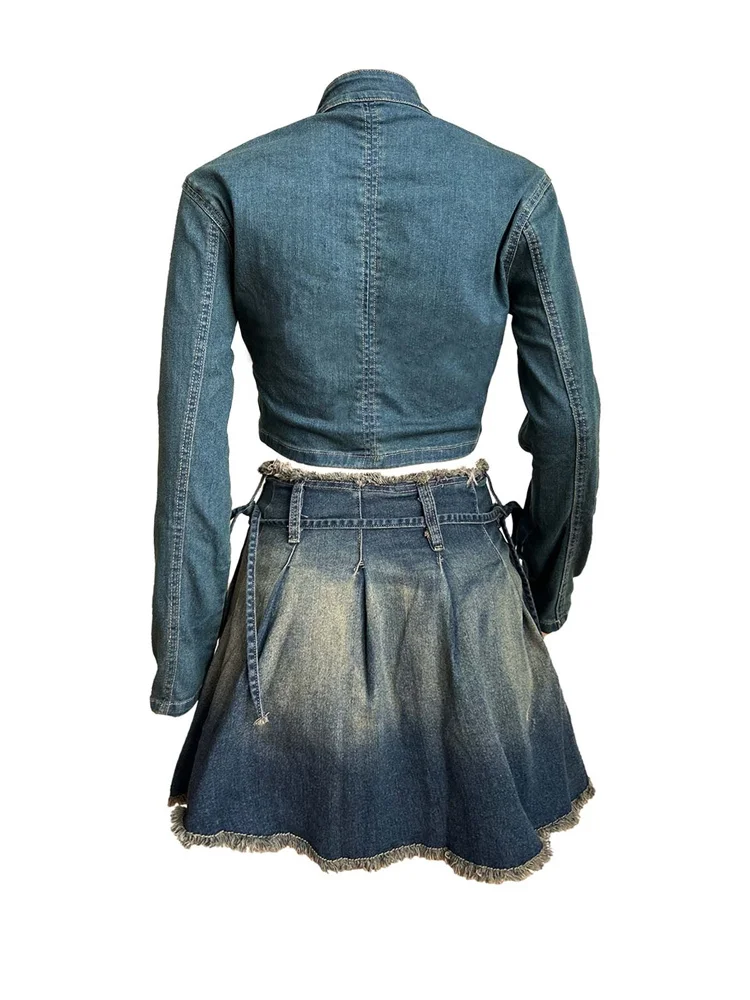 Vintage Embroidery Tassel Denim 2 Piece Set Women Spring Contrast Colors Zipper Crop Top Pleated Mini Skirt