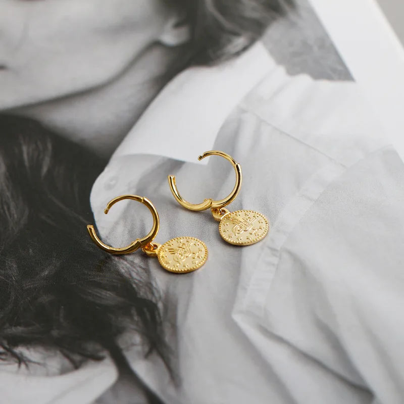 Fashion Korean Earrings Women 925 Sterling Silver Coin Shape Flower Star Hoop Earrings 18K Gold Plated Drop Earrings