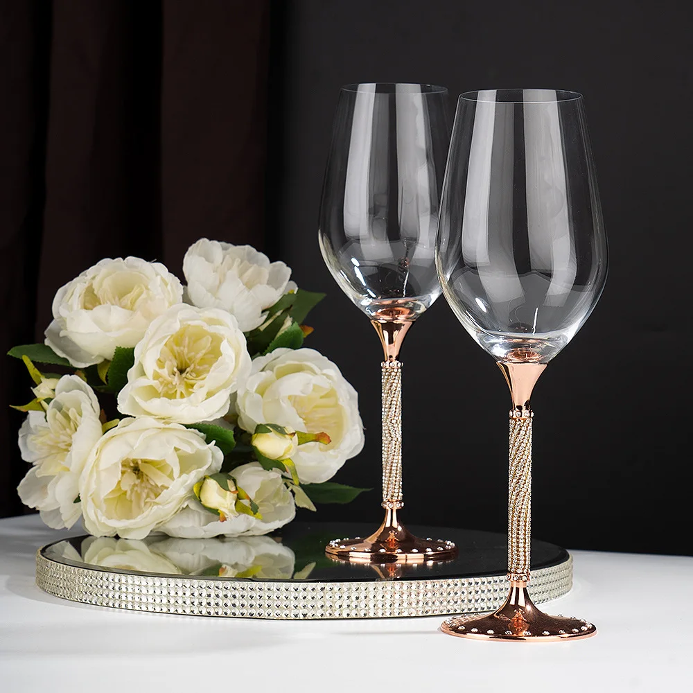 Wholesale Crystal Personality Wine Champagne Glasses With Colored Diamond-Encrusted Stainless Steel Stem For Wedding Restaurant