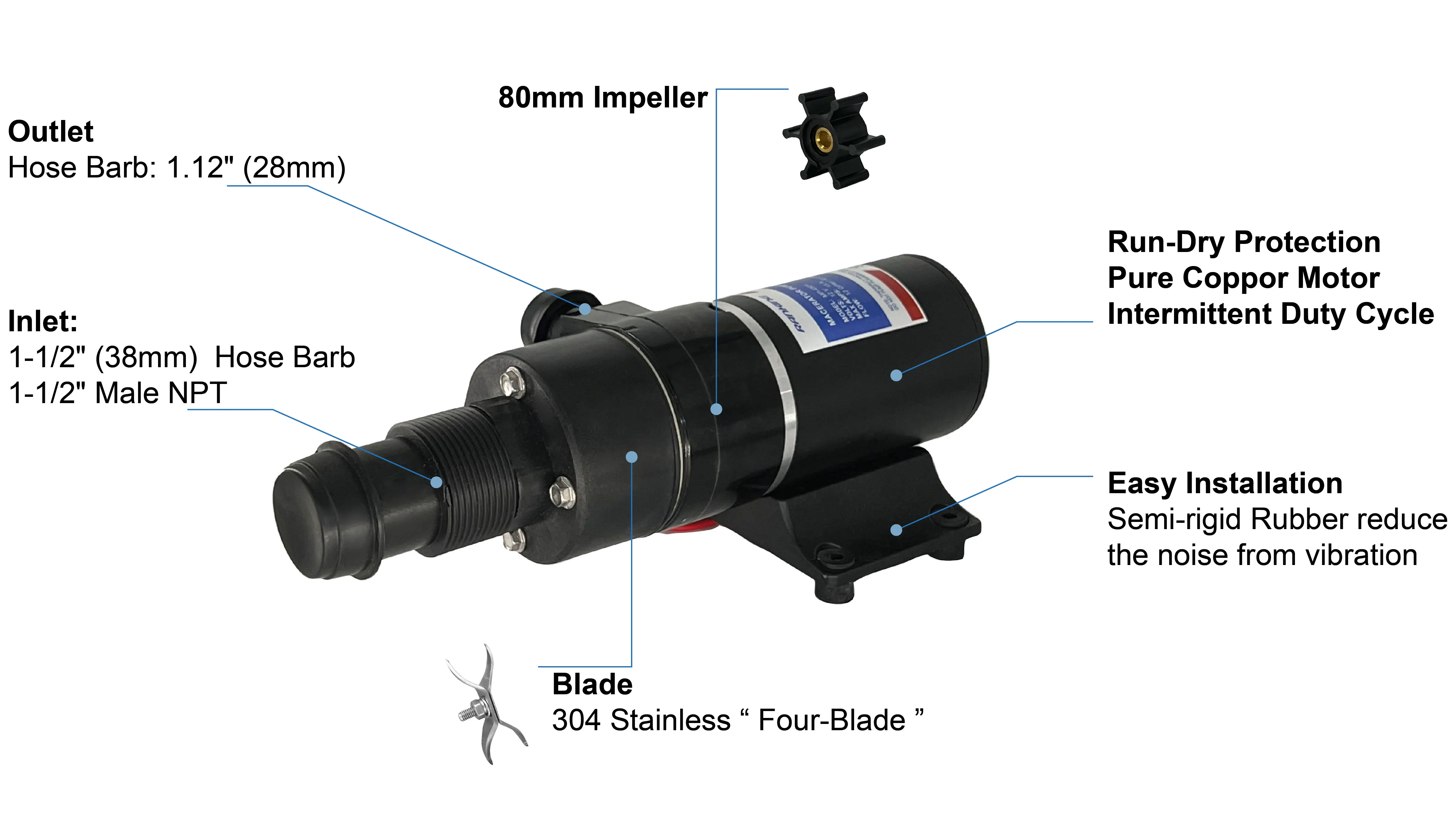 RANKING 24V DC RV Waste Pump For Sanitation Waste and Fish Box Evacuations, run dry protection