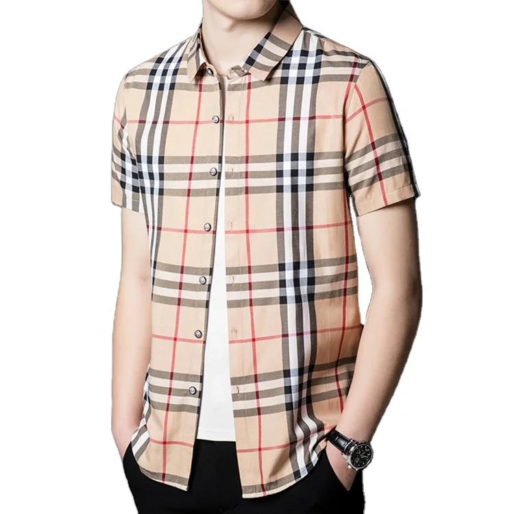 Wholesale Patchwork Classic Plaid Short Sleeve Button Up Cotton Shirts For Men Casual