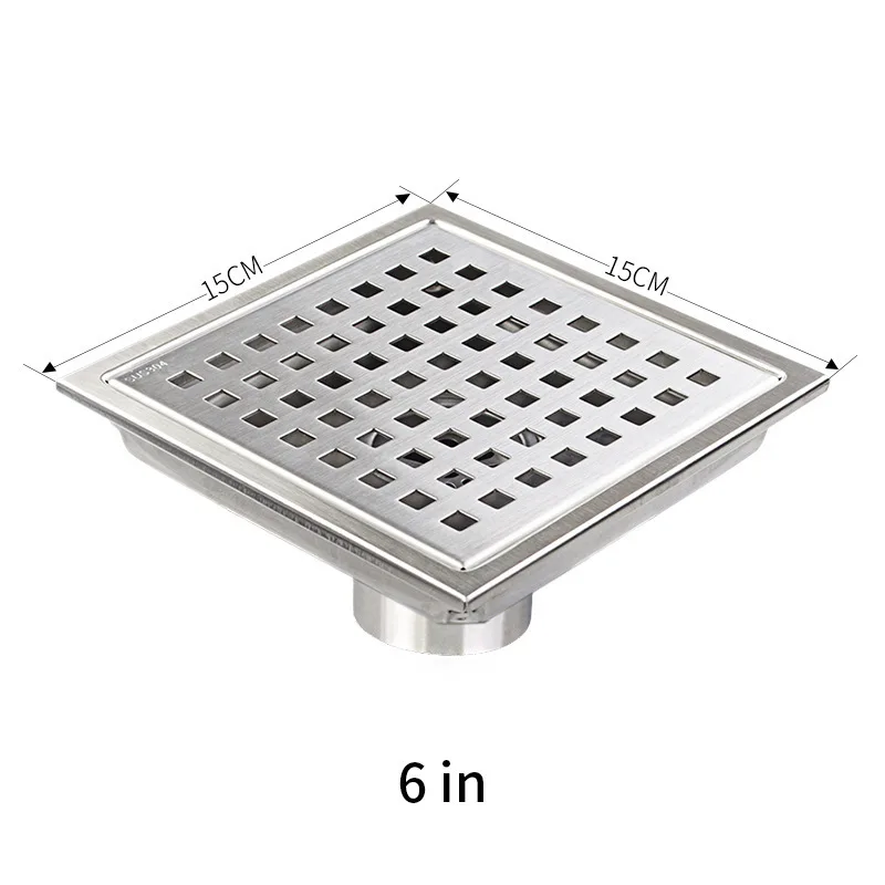 6 inch gold Square Shower Drain with Flange Black Shower Floor Drain Kit 4 inch Removable Grid Grate SUS 304 Stainless Steel