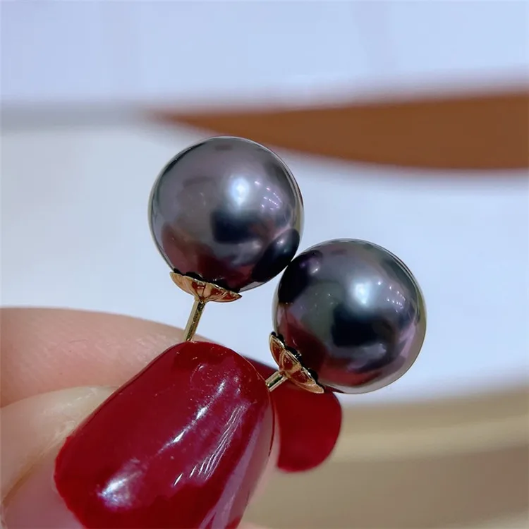 8-10mm AAA Grade 14K 18K White Yellow Gold Natural Real Genuine Black Seawater Tahitian Tahiti Pearl Stud Earrings