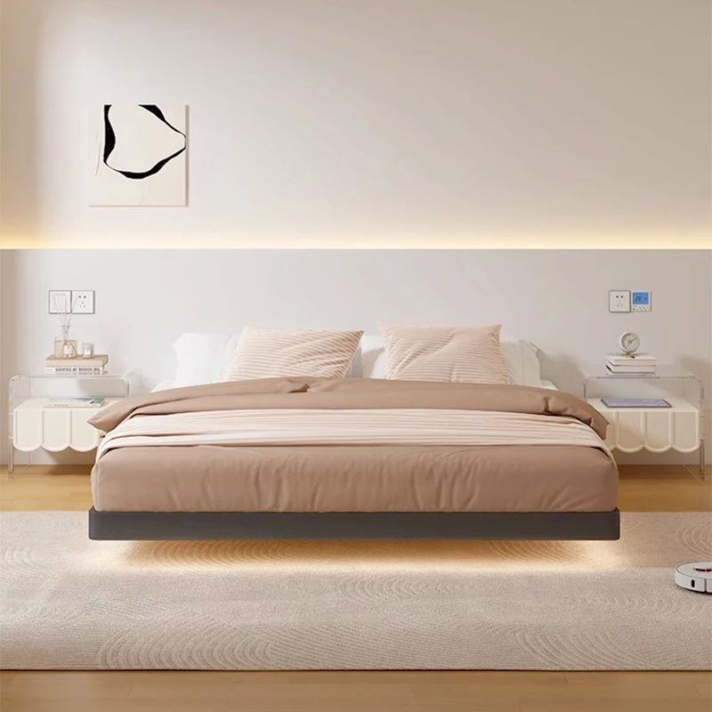 No headboard floating bed Modern simple small flat with edge double bed cream style master bedroom hanging leather bed wedding b