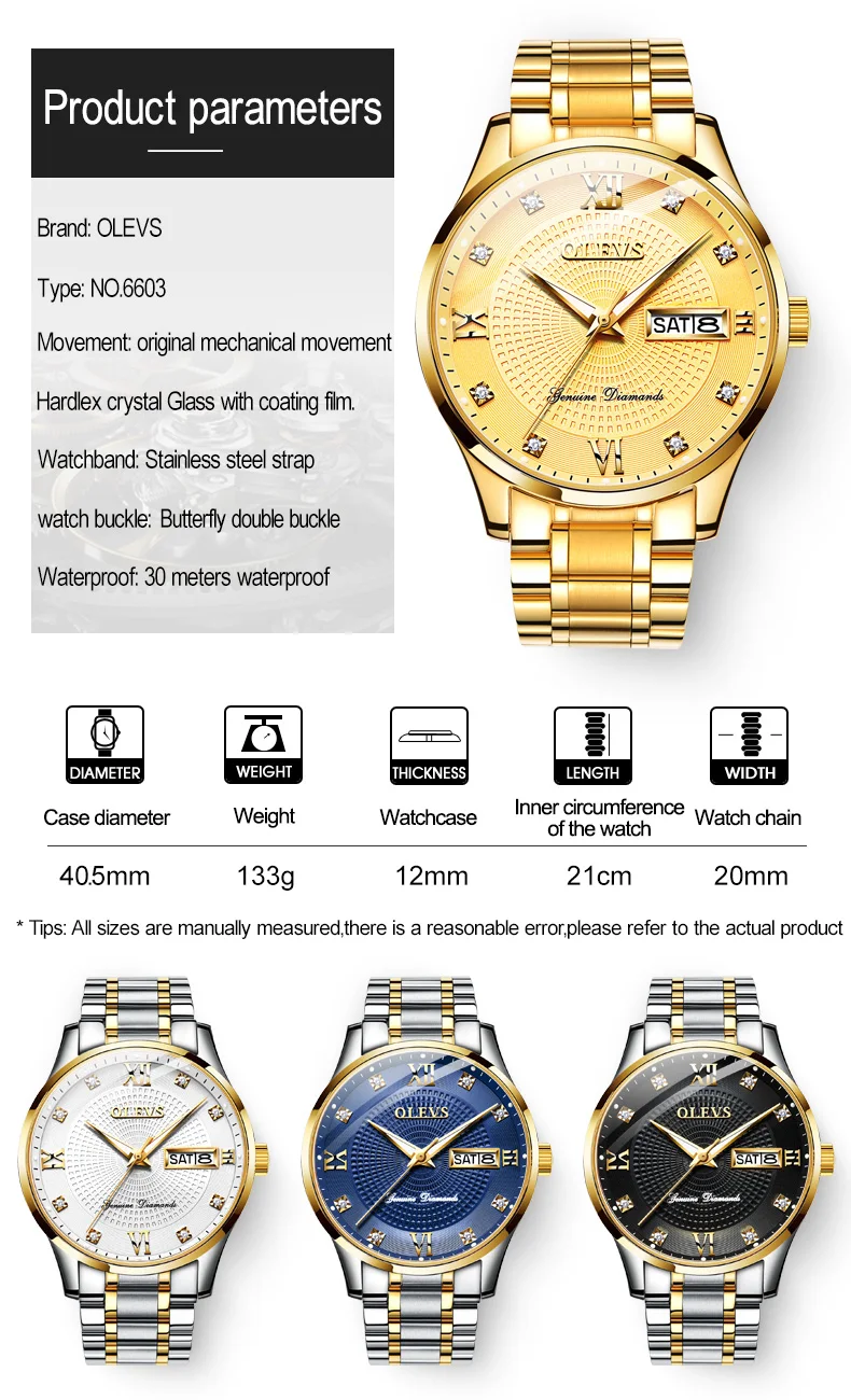 6603 OLEVS брендовые роскошные мужские деловые часы золотые алмазные механические ручные часы с отображением недели и даты светящиеся Мужские автоматические часы