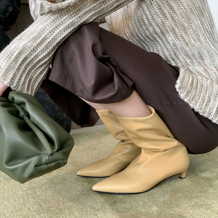 Xinzirain Wholesale Ladies Point Toe Winter Leather Real Leather 4.5cm Low Heel Women Mid Calf Boots