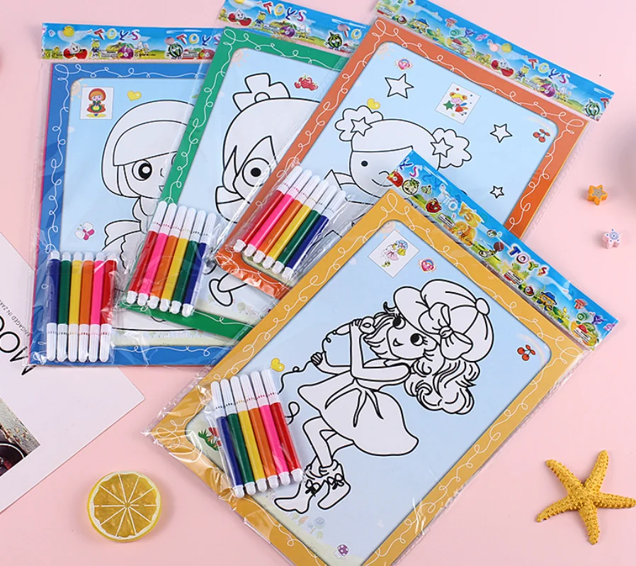 Customized Watercolor painting book early childhood coloring puzzle graffiti paper sheet with pens