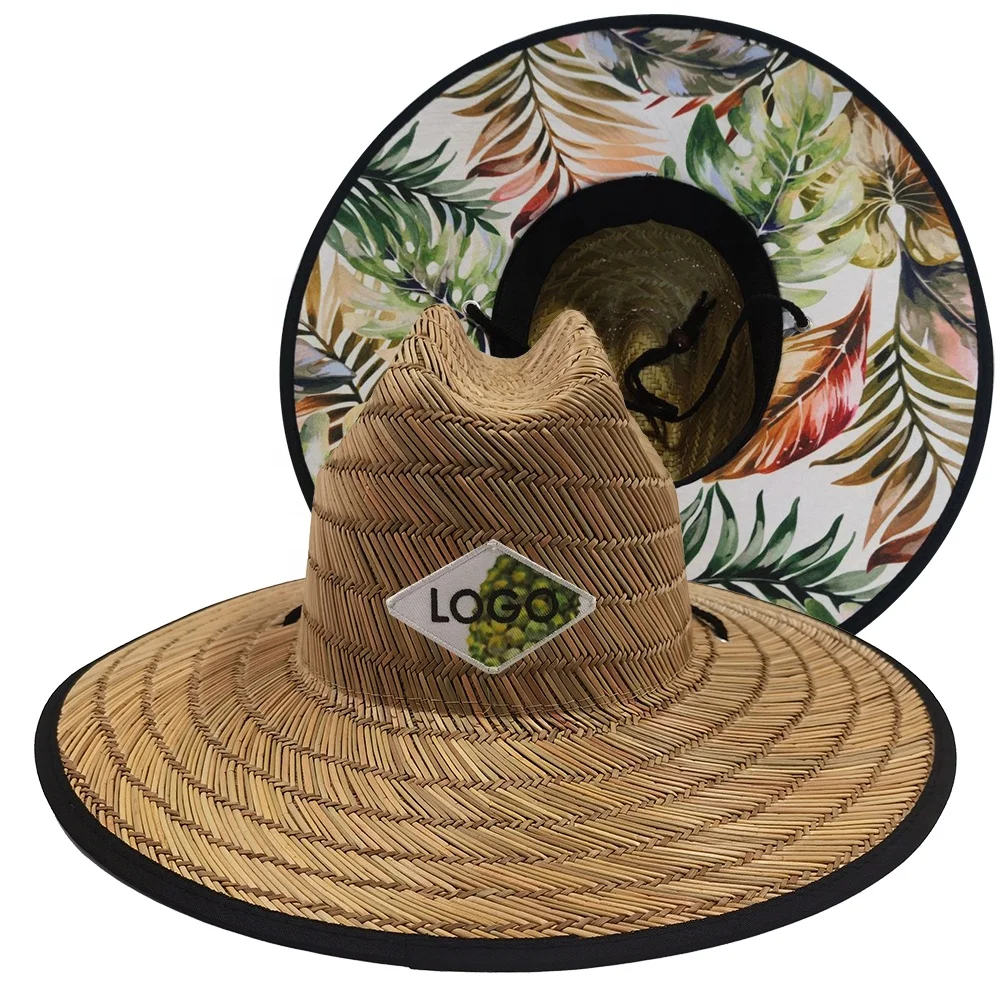Custom embroidered logo men women wide brim print natural grass woven summer beach lifeguard safari surf fishing straw sun hat