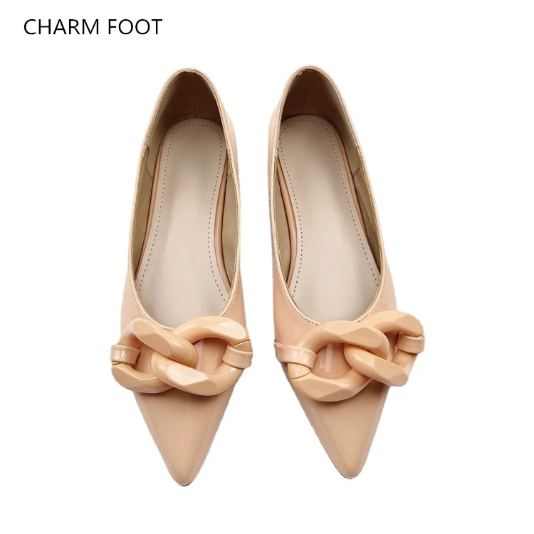 Spring and Summer Net Red Same Style Patent Leather Fashion Chain Tip Shallow Mouth Versatile Flat Sole Single Shoe Women