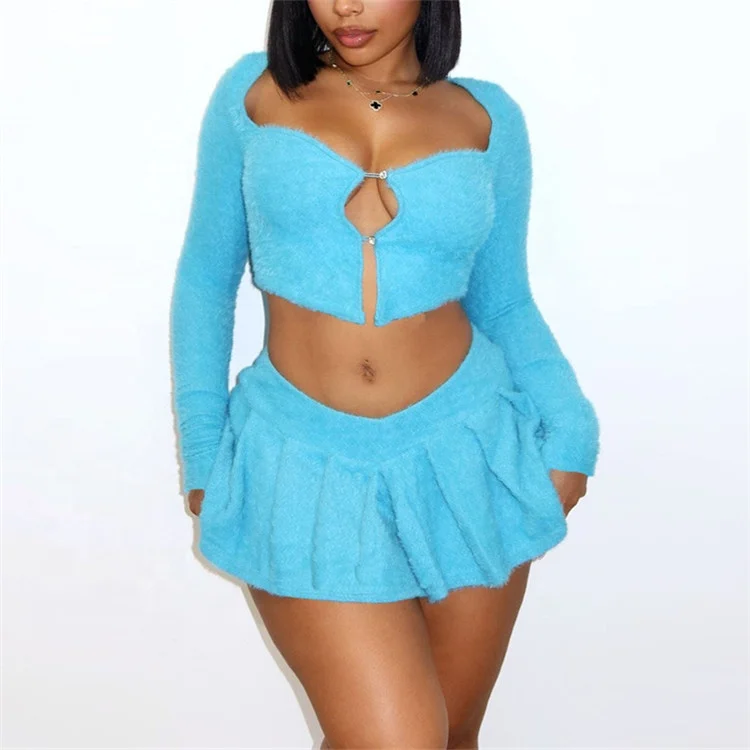 Two Piece Sets Women Outfits 2023 Fluffy Long Sleeve Top and Mini Pleated Skirt Sexy New In Matching Sets