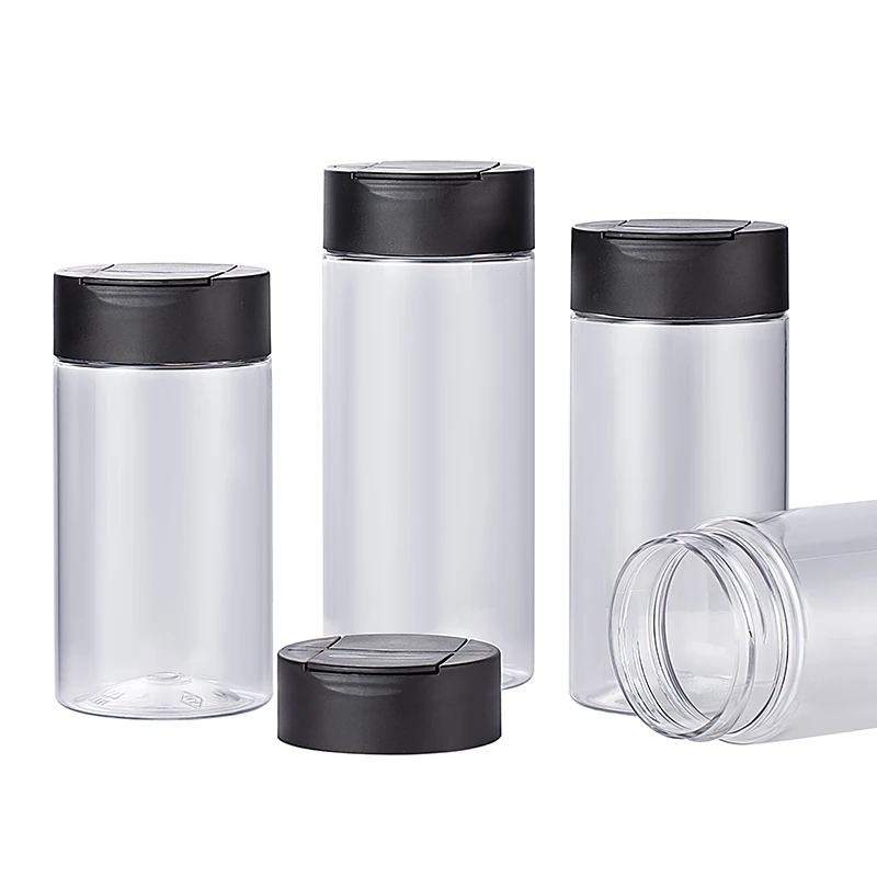 China manufacturer 252ml PET clear round pepper chili powder sesame shaker bottle condiment plastic salt and pepper shaker jar