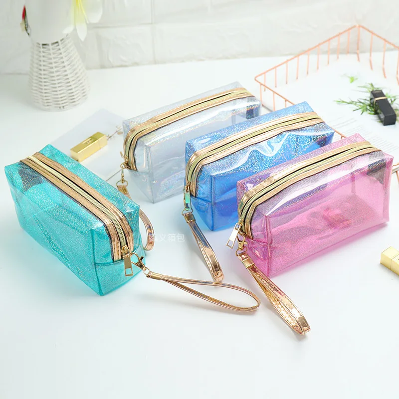 Custom LOGO clear pvc Gold dust Colored transparent Pouch makeup cosmetic bag cases