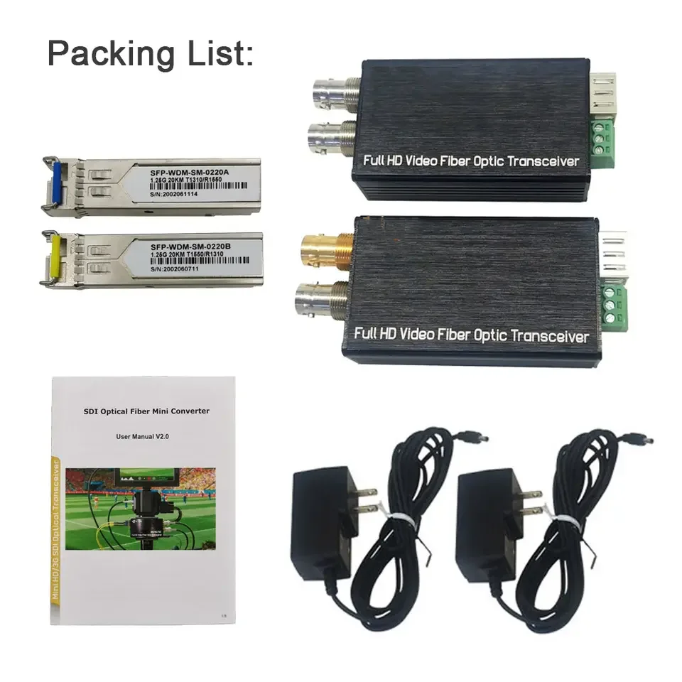 Mini 3G SDI Video to Fiber Optic Converter including Transmitter and Receiver with Tally and loop out SMF 20KM