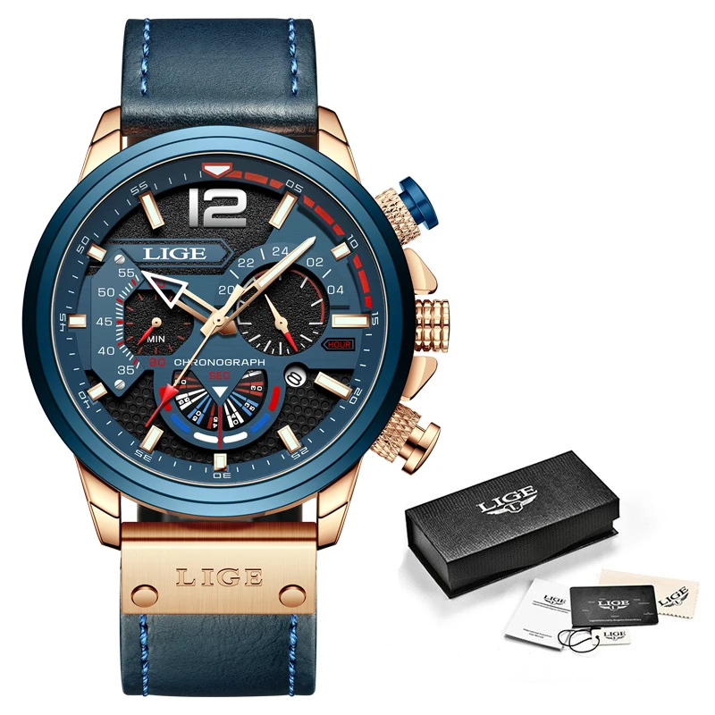 LIGE LG8959 new arrival blue male quartz watch low cost PU leather band 3 dials chronometer old sports hand watch