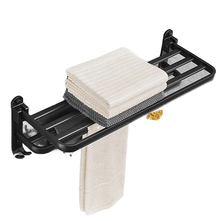 High Quality Black Aluminum Wall Mounted Bathroom Towel Racks with Hooks Premium Bathroom Accessory
