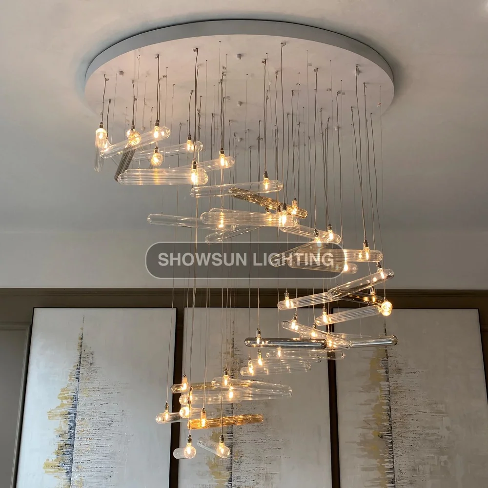 Customized large spiral long led glass stairs chandeliers for villa hotel lobby