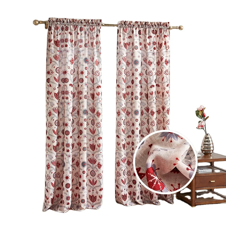 Заводская оптовая продажа, занавески из полиэстера и льна с принтом, Простые Модные занавески из полиэстера, красные занавески