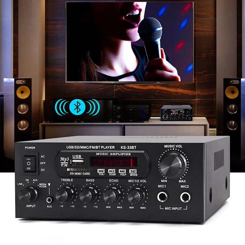  KS-33BT 1000 Вт синий зуб мощность sterio сабвуфер усилитель 2xmic домашней стереосистеме Hi-Fi FM 2 канальный цифровой Караоке-усилитель